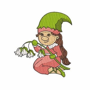 Girl Gnome with Lily Of The Valley Machine Embroidery Design 4 SIZES, Flower Gnome Digital Embroidery,  Gnome with Flower Machine Embroidery