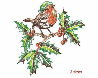 Disegno per ricamo a macchina di uccellino natalizio in 3 misure, pettirosso rosso invernale su un ramo di agrifoglio con bacche rosse, disegno per ricamo digitale.