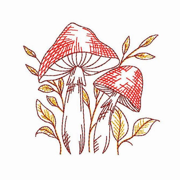 Red Amanitas Machine Embroidery Design 3 SIZES, Red Mushrooms Embroidery, Colorful Mushroom and Leaves Autumn Design, Instant Download File.