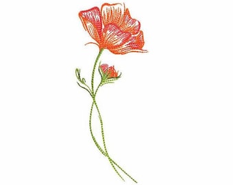 Poppy Flower Machine Embroidery Design - 5 SIZES, Red Poppy Flower Summer Wildflowers, Clothes Decor, Floral Motif, Instant Download Design.