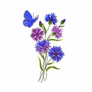 Blue Cornflowers Machine Embroidery Design, Digital Machine Embroidery Blue Knapweeds Bouquet and Butterfly, Wildflowers Embroidery File.