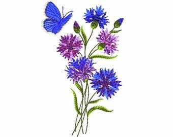 Niebieskie chabry - wzór haftu maszynowego, cyfrowy haft maszynowy - bukiet i motyl niebieskich chabrów, plik haftu - kwiaty polne.