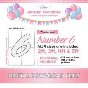 Number 6 CURSIVE Font, Balloon Mosaic Template, Mosaic Number Template, Kids Birthday Decorations, 2ft, 3ft, 4ft, 5ft, Digital Download