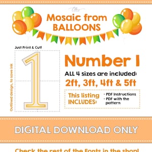 Number 1, Balloon Mosaic Template, Mosaic Number Template, First Birthday Decorations, 2ft, 3ft, 4ft, 5ft, Digital Download