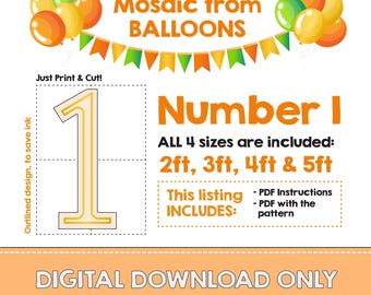 Number 1, Balloon Mosaic Template, Mosaic Number Template, First Birthday Decorations, 2ft, 3ft, 4ft, 5ft, Digital Download