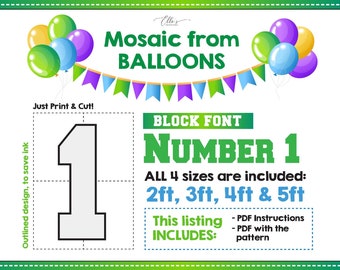 Number 1 BLOCK Font, Balloon Mosaic Template, Mosaic Number Template, Mosaic Numbers from Balloons, 2ft, 3ft, 4ft, 5ft, Digital Download