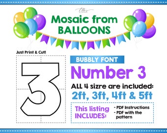 Number 3 Balloon Mosaic Template, Bubbly Font (Digital Download)