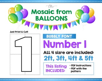 Number 1 BUBBLY Font, Balloon Mosaic Template, One Mosaic Number, Mosaic Numbers from Balloons, 2ft, 3ft, 4ft, 5ft, Digital Download