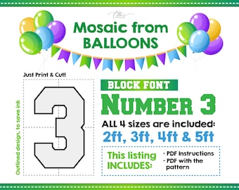 Number 3 BLOCK Font, Balloon Mosaic Template, Mosaic Number Template, Mosaic Numbers from Balloons, 2ft, 3ft, 4ft, 5ft, Digital Download