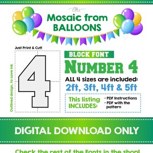 Number 4 BLOCK Font, Balloon Mosaic Template, Mosaic Number Template, Mosaic Numbers from Balloons, 2ft, 3ft, 4ft, 5ft, Digital Download