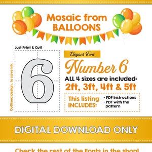 Number 6 ELEGANT Font, Balloon Mosaic Template, Mosaic Number Template, Kids Birthday Decorations, 2ft, 3ft, 4ft, 5ft, Digital Download