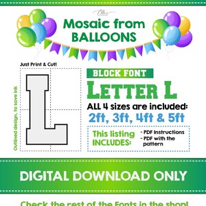 Letra de mosaico L - Fuente BLOQUE, Mosaico de globos, Plantilla de mosaico, Letra gigante L, Letras de marquesina Accesorios de letras diy, Plantilla DIGITAL, PDF