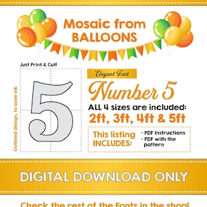 Number 5 ELEGANT Font, Balloon Mosaic Template, Mosaic Number Template, Kids Birthday Decorations, 2ft, 3ft, 4ft, 5ft, Digital Download