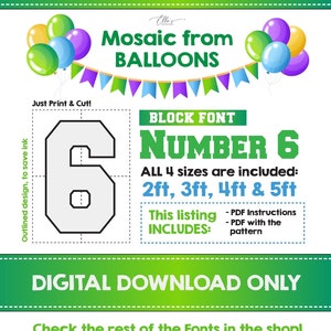 Number 6 BLOCK Font, Balloon Mosaic Template, Mosaic Number Template, Mosaic Numbers from Balloons, 2ft, 3ft, 4ft, 5ft, Digital Download