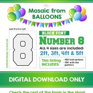 Number 8 BLOCK Font, Balloon Mosaic Template, Mosaic Number Template, Mosaic Numbers from Balloons, 2ft, 3ft, 4ft, 5ft, Digital Download