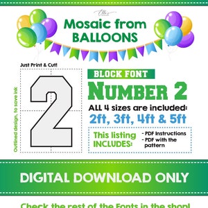 Number 2 BLOCK Font, Balloon Mosaic Template, Mosaic Number Template, Mosaic Numbers from Balloons, 2ft, 3ft, 4ft, 5ft, Digital Download