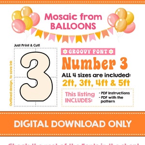 GROOVY Number 3, Groovy Birthday, Balloon Mosaic Template, Mosaic Number Template, Third Birthday Decorations, Digital Download, Hippie