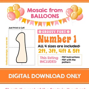 GROOVY Number 1, Groovy One Birthday, Balloon Mosaic Template, Mosaic Number Template, Groovy Birthday Decorations, Digital Download, Hippie