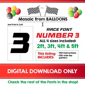 Number 3 RACE Font, Balloon Mosaic Template, Mosaic Number 3 Template, Mosaic Numbers from Balloons, 2ft, 3ft, 4ft, 5ft, Digital Download