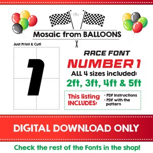Number 1 RACE Font, Balloon Mosaic Template, Mosaic Number 1 Template, Mosaic Numbers from Balloons, 2ft, 3ft, 4ft, 5ft, Digital Download