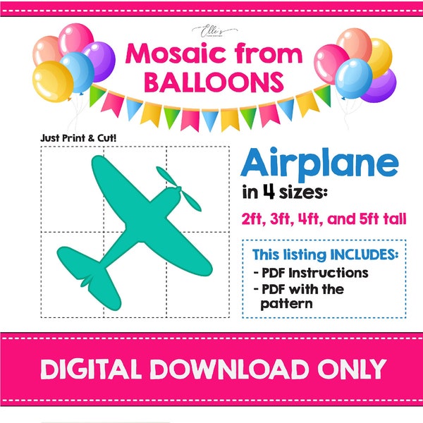 Airplane Mosaic from Balloons, Vintage Plane Mosaic Template, Men Birthday Balloons, Plane Balloon, Template from Balloons, DIGITAL FILE