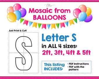 Plantilla de mosaico de globos con la letra S, de 2 a 5 pies (descarga digital)