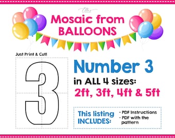 Mosaik Zahl 3, Mosaik Zahlen, Zahl Drei aus Luftballons, Mosaik aus Luftballons, Digital Download