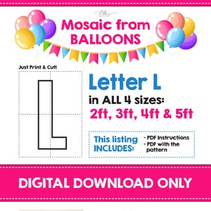 Letra de mosaico L, Número de mosaico, Plantilla de mosaico, Letras de globos, Mosaico de globos, 2 pies, 3 pies, 4 pies, 5 pies, Descarga digital, Bricolaje