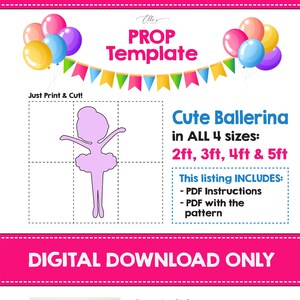 以下が含まれることがあります： バレリーナの小道具用のデジタルダウンロードテンプレート。テンプレートには、4つのサイズ（60cm、90cm、120cm、150cm）のバレリーナ小道具を作成するための手順とパターンが含まれています。画像には、白いグリッドの背景にピンクのバレリーナのシルエットが表示されています。画像には、風船でできたピンクの数字6も表示されています。