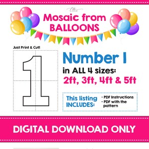 May include: Digital download for a DIY balloon mosaic number one in four sizes: 2ft, 3ft, 4ft, and 5ft. The listing includes PDF instructions and a pattern. The image shows a pink number one made of balloons.