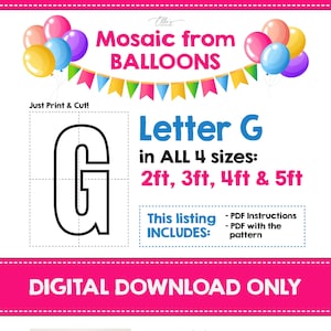 モザイク文字 G、モザイク数字、風船のモザイク、2 フィート、3 フィート、4 フィート、5 フィート、デジタル ダウンロード