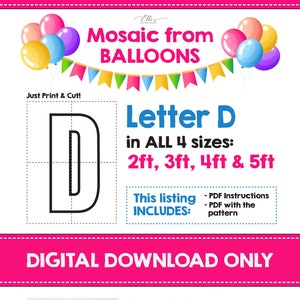 Letra de mosaico D, Número de mosaico, Mosaico de globos, 2 pies, 3 pies, 4 pies, 5 pies, Descarga digital