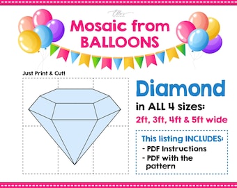 Diamond from Balloons, Mosaic from Balloons, Bridal Shower Decor, DIY, Mosaic Template, 2ft, 3ft, 4ft, 5ft, DIY Decor, Mosaic Diamond Decor