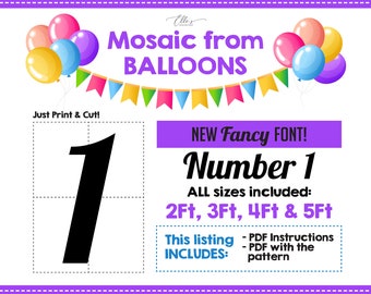 FANCY Number 1, Balloon Mosaic Template, Number One, Mosaic Number Template, Mosaic Numbers, 2ft, 3ft, 4ft, 5ft, Digital Download, PDF