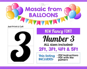 FANCY Number 3, Balloon Mosaic Template, Number Three, Mosaic Number Template, Mosaic Numbers, 2ft, 3ft, 4ft, 5ft, Digital Download