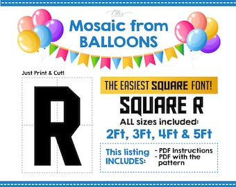 Mosaic Letter R - Square Font, Mosaic from Balloons, Mosaic Template, Giant Letter R, 2ft, 3ft, 4ft, 5ft, Digital Download, PDF File