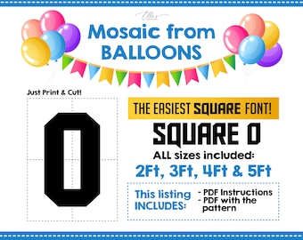 SQUARE Number 0, Balloon Mosaic Template, Zero Mosaic Number Template, Mosaic Numbers from Balloons, 2ft, 3ft, 4ft, 5ft, Digital Download