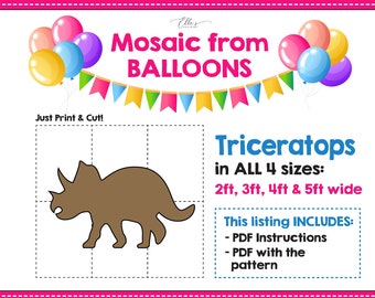 Triceratops from Balloons, Dino Mosaic from Balloons, Dino Birthday Decor, DIY Dinosaur, Mosaic Template, Baby Shower, 2ft, 3ft, 4ft, DIY