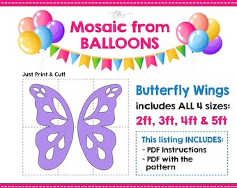 Butterfly Wings from Balloons, Mosaic from Balloons, Birthday Decor, DIY, Mosaic Template, Baby Shower, 2ft, 3ft, 4ft, 5ft, Mosaic Templates
