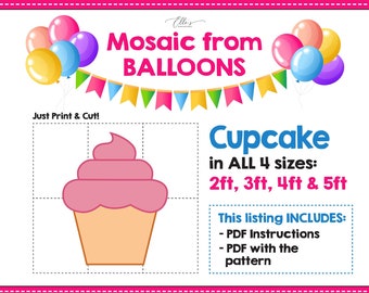Cupcake Mosaic from Balloons, Muffin Mosaic Template, Mosaic From Balloons, Cupcake Balloons Mosaic, Template, Birthday Balloons, PDF File