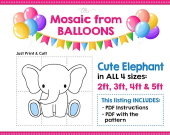 Cute Elephant from Balloons, Baby Elephant Mosaic Template, Balloons Mosaic, Birthday Decorations, Mosaic Template, 2ft 3ft, 4ft, 5ft, DIY