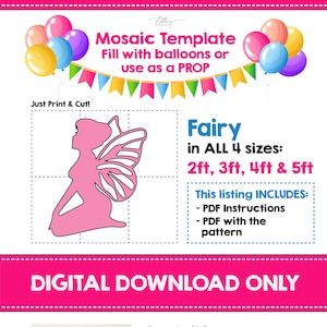 Modelo de mosaico de fadas, modelo de adereços de fadas, mosaico de balões, ideias para aniversário de meninas de fadas, formato de mosaico, modelo de mosaico, arquivo digital