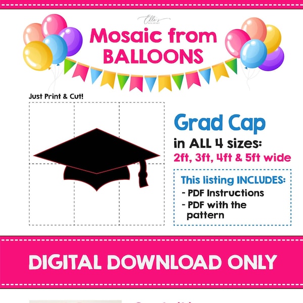 Grad Cap Template, Mosaic Template, Grad Cap Mosaic From Balloons, Prom Template from Balloons, Graduation Hat Mosaic from Balloons PDF File