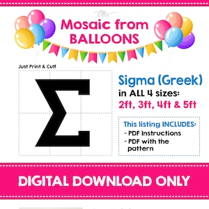 Plantilla de mosaico Sigma, Σ, mosaico de letras griegas de globos, mosaico de globos, globos de mosaico, 2 pies, 3 pies, 4 pies, 5 pies, descarga digital