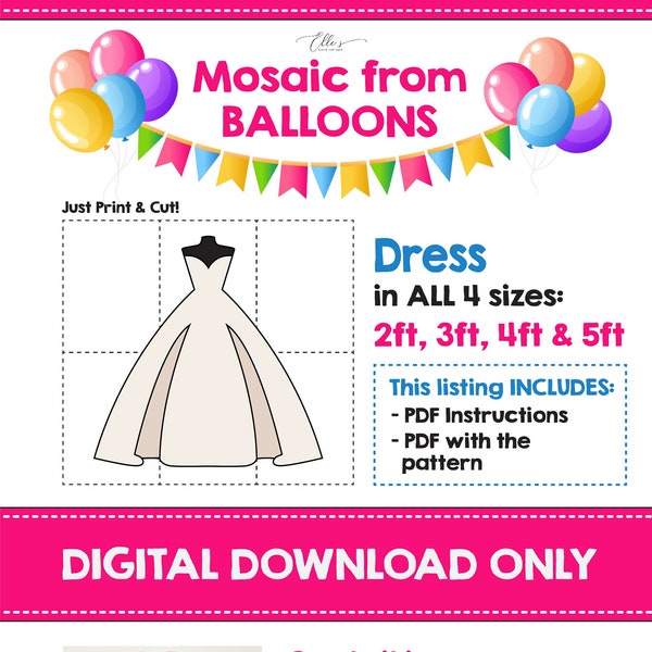 Bridal Dress Mosaic Template, Prom Dress Prop, Giant Dress Balloon Mosaic, Wedding Shower, Mosaic Balloons, Digital Download, Mosaic DIY