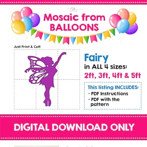 Modelo de mosaico de fadas, modelo de adereços de fadas, mosaico de balões, ideias para aniversário de meninas de fadas, formato de mosaico, modelo de mosaico, arquivo digital