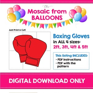Puede incluir: Patrón de descarga digital para guantes de boxeo hechos de globos. El patrón incluye instrucciones y plantillas para los tamaños 60 cm, 90 cm, 120 cm y 150 cm. Crea tu propio mosaico de globos en 3 sencillos pasos: imprime, traza y pega.