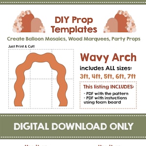 Puede incluir: Plantilla de descarga digital para un arco ondulado para fiestas. La plantilla incluye cinco tamaños: 91 cm, 122 cm, 152 cm, 183 cm y 213 cm. La plantilla se puede utilizar para crear mosaicos de globos o accesorios para fiestas. La imagen muestra un arco ondulado marrón con un patrón de cuadrícula.