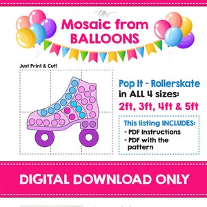 May include: Digital download for a DIY pop-it rollerskate craft project. The image shows a pink and purple rollerskate with blue and pink circles. The text says "Pop It - Rollerskate in ALL 4 sizes: 2ft, 3ft, 4ft & 5ft". The listing includes PDF instructions and a PDF with the pattern.