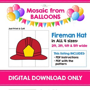 May include: Digital download for a fireman hat balloon mosaic craft. The image shows a red fireman hat with a yellow brim, a number 6 balloon mosaic, and instructions for creating the craft. The text "Create it in 3 Easy Steps" is included in the image.